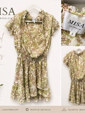 Misa Los Angeles Floral Ruffle Mini Dress in Green and Cream